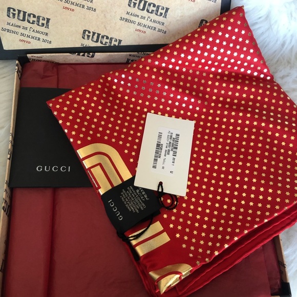 Gucci Red Silk Scarf with Gold Star Print and “GUCCY” Logo - Picture 1 of 10